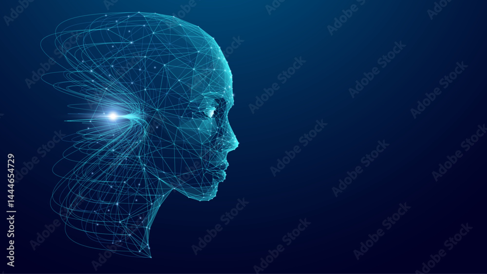 Poster Digital human face visualized through network lines, representing AI and big data integration. Modern technology background highlights the flow of smart information. Tech blue bg. Vector illustration.