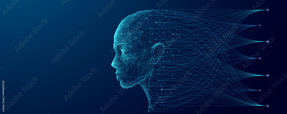 Poster Abstract human face side view and Big Data flow on technology blue background. AI analysis concept. Humanoid digital head in low poly wireframe with thin lines. Futuristic tech bg. Vector illustration