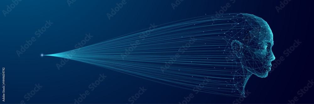 Poster Digital human face created from connected lines and points, visualizing AI and big data flow. Futuristic technology design showing intelligence transfer in a digital network space.