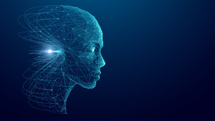 Digital human face visualized through network lines, representing AI and big data integration. Modern technology background highlights the flow of smart information. Tech blue bg. Vector illustration.