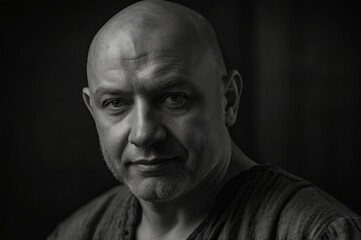 Fototapeta premium psychological black and white portrait of adult bald brutal man
