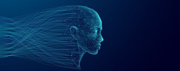 Futuristic human face in digital style with big data streams flowing through it. Concept of AI, analytics, and advanced technology shaping the future of intelligence. Vector tech blue backgroud.