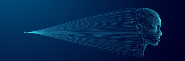 Digital human face created from connected lines and points, visualizing AI and big data flow. Futuristic technology design showing intelligence transfer in a digital network space.