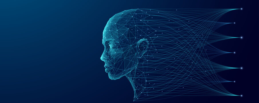 Abstract human face side view and Big Data flow on technology blue background. AI analysis concept. Humanoid digital head in low poly wireframe with thin lines. Futuristic tech bg. Vector illustration