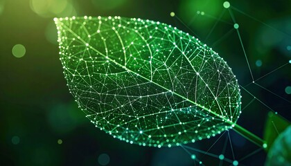 A vibrant green leaf featuring intricate patterns of connected lines and dots, symbolizing nature's network and the beauty of organic design.