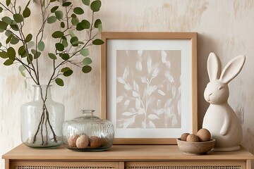 Rabbit with Tulips and Eggs on Table in Sunlight 
