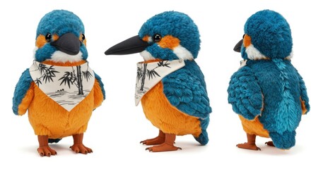 Plush kingfisher in vibrant colors displayed with Chinese brushwork details