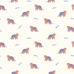 Seamless pattern with cute safari animals, including a tiger, and lettering. Stylish children s print, small wallpapers, hand drawn vector illustration for kids babies