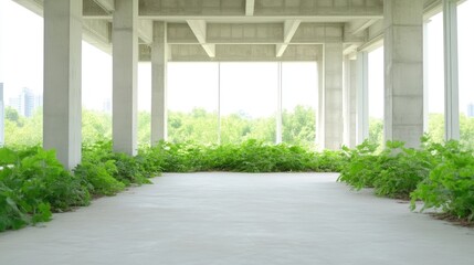 Naklejka premium Modern, minimalist, concrete interior with lush greenery. A spacious, bright interior with large windows and concrete pillars, filled with greenery