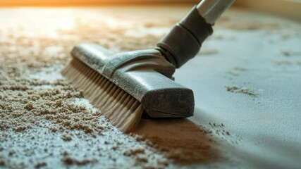 A detailed view of a broom's handle and bristles on a soft carpet, suitable for use in illustrations about cleanliness, household chores or domestic life