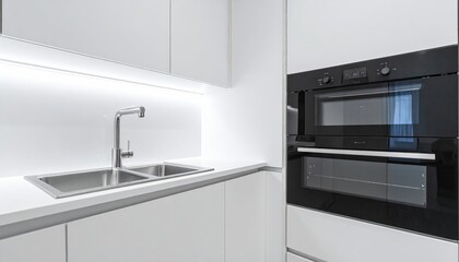 Fototapeta premium A modern kitchen featuring sleek white cabinets, contrasting black appliances, and a stylish backsplash, creating a chic and inviting culinary space.