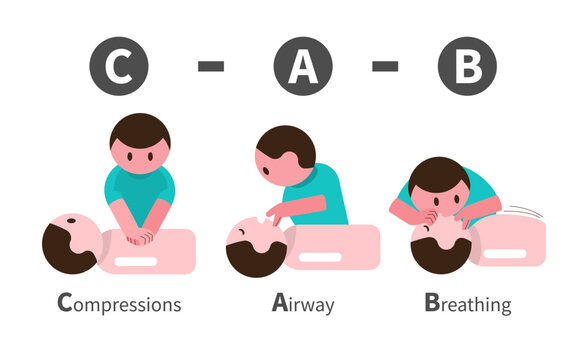 CPR . Cardiopulmonary resuscitation guideline . Include chest compression, open airway and rescue breathing . Flat design cartoon characters . Isolate white background . Vector .