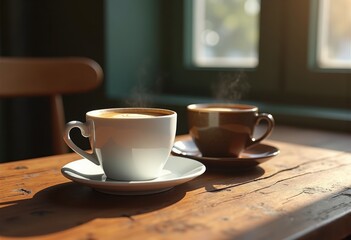 two contrasting coffee cups artistic display rustic wooden table texture, beverage, porcelain, ceramic, surface, design, minimalism, steam, symmetry
