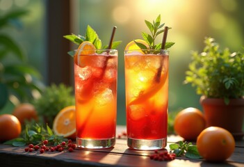 Fototapeta premium two vibrant cocktail glasses colorful refreshing drinks wooden table rustic setting, beverage, liquid, tropical, summer, bar, fruit, citrus, ice, mixer
