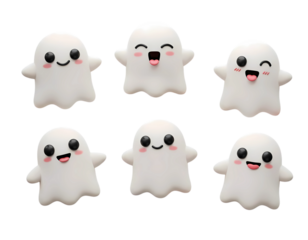 Set of Cute Cartoon Ghosts with Different Expressions on a Transparent Background
