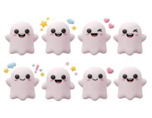 Set of Cute Cartoon Ghost Emojis Set for Halloween or Social Media Transparent Background 