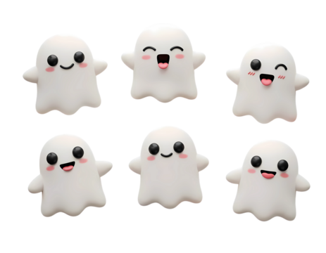 Set of Cute Cartoon Ghosts with Different Expressions on a Transparent Background