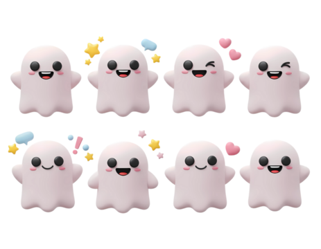 Set of Cute Cartoon Ghost Emojis Set for Halloween or Social Media Transparent Background 