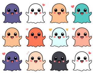 Set of Cute Cartoon Ghosts in Various Colors for Halloween Transparent Background 