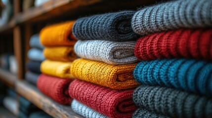 Colorful stacked knitted scarves displayed on a wooden shelf in a cozy winter market stall during a chilly afternoon