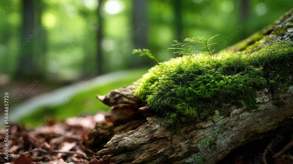 Aufkleber green moss under forest light with peaceful mood concept. close-up of moss-covered log in a lush gre