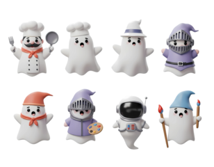 Set of Cute Ghost Characters in Different Costumes for Halloween Transparent Background 