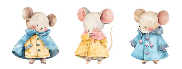 Set of cute little mouse in autumn coat. Children's watercolor illustration. Collection of animal character in clothes. Isolated clipart with clear even edge on transparent background