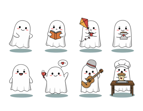Set of Cute Ghost Characters in Various Activities for Halloween or Fall Transparent Background 