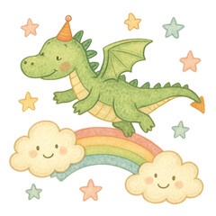 Cute Green Dragon on Rainbow with Clouds and Stars