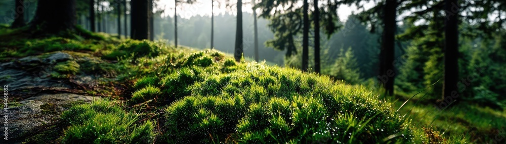 Poster green moss between grass and forest with relax mood concept. lush green forest floor illuminated by 