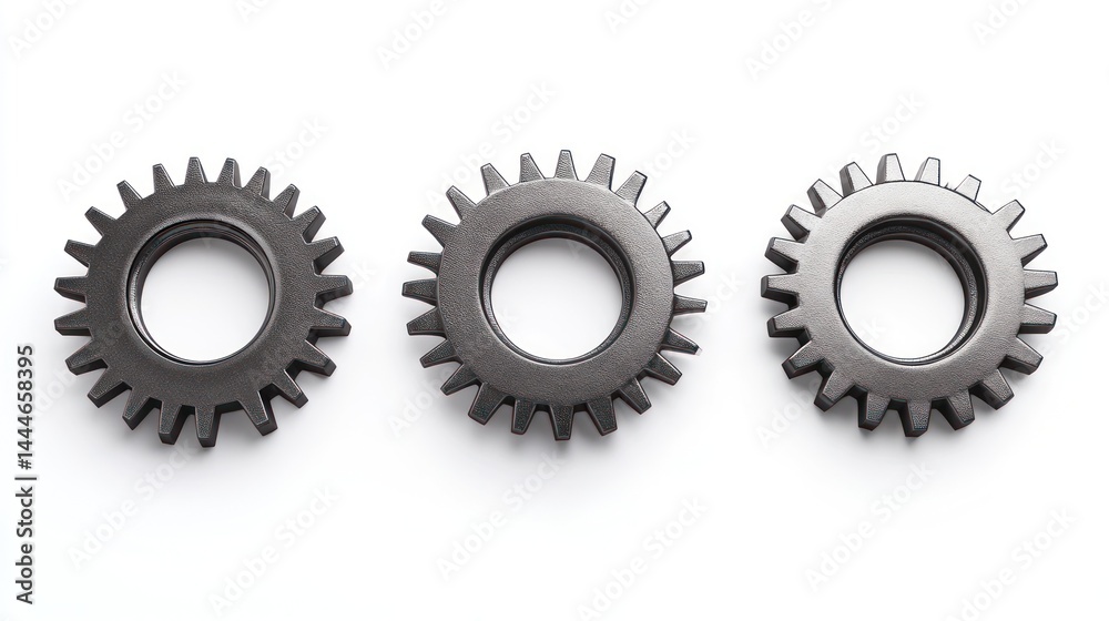 Leinwandbilder three gears arranged in a horizontal row against a plain white background. a symbol of interconnecte