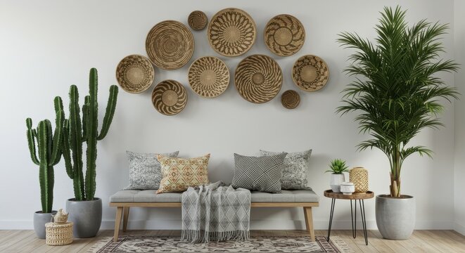 Living room with woven baskets on the wall, cactus, palm tree, bench, and patterned pillows and blanket