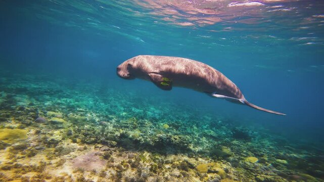Wild Dugong: Peaceful, Leisurely Underwater Swim (Mermaid) in Clear Tropical Sea
