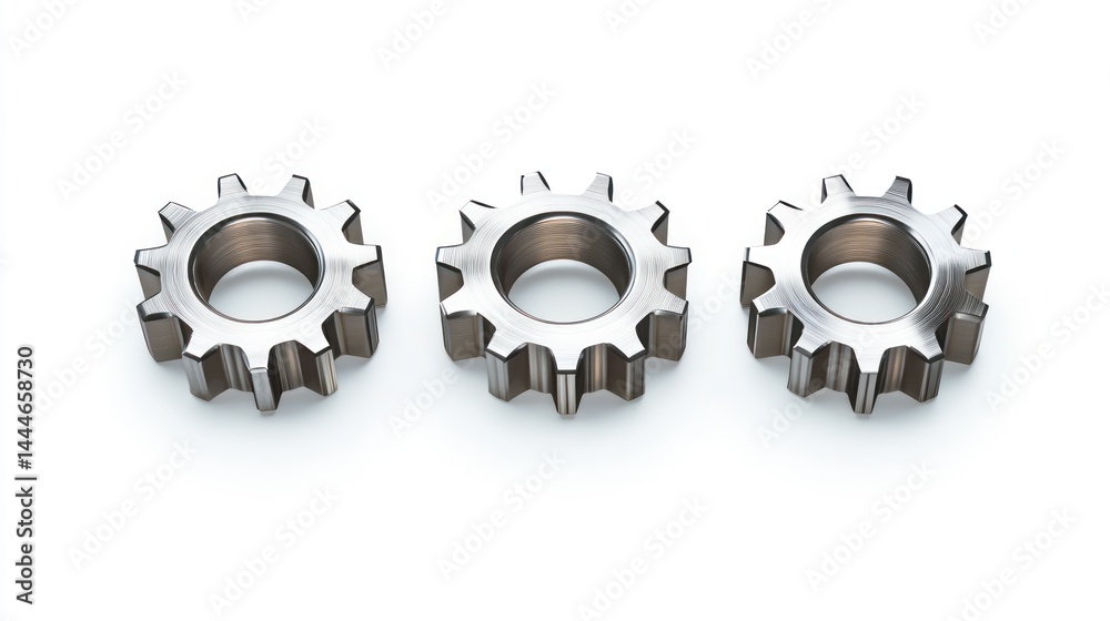 Poster three metal gears arranged in a horizontal row against a white background