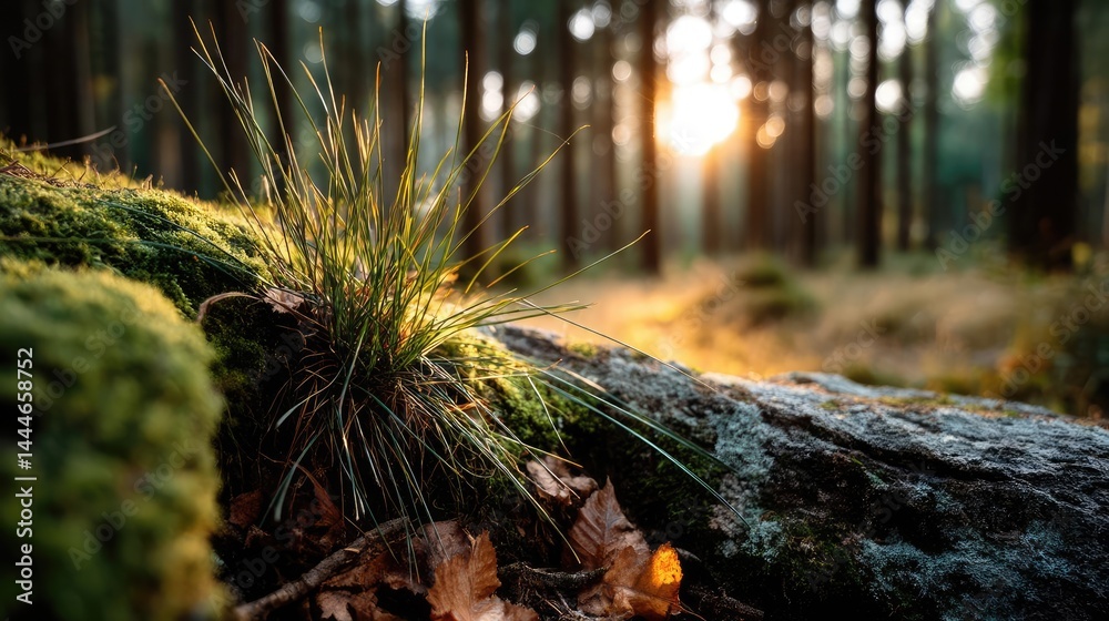 Poster Green moss between grass and forest with relax mood concept. Close-up of grass and moss at sunset in a tranquil forest.