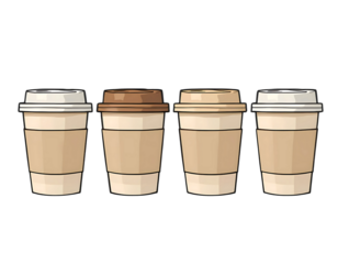 Set of Four Takeaway Coffee Cups in Different Colors Transparent Background 