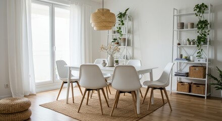 A bright dining room featuring a white table with chairs and a woven pendant light fixture above it all