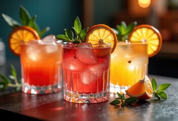 Fototapeta premium vibrant cocktail garnishes citrus herbs colorful mixology textured bar surface artistry, beverage, fruit, glass, alcohol, lime, mint, spirits, refreshing