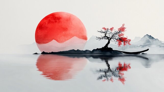 A vibrant circular watercolor and ink portrait of a solitary tree with canopy in blues and reds set against minimalist horizon line