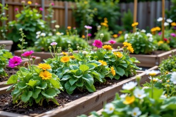 close up of a vibrant vegetable garden with raised beds and blooming flowers in a cozy backyard setting.