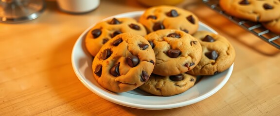 Overhead shot of warm, melty chocolate chip cookies on a plate, cozy kitchen lighting,  baking photography, copy space