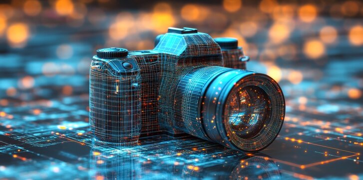A digital camera exhibiting lens flare is positioned on a futuristic grid with a blue hue and orange bokeh, resembling a technological blueprint