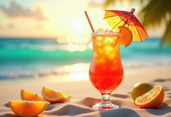 Obraz premium vibrant cocktail glass tropical drinks refreshing beverage summer vibe colorful umbrella garnish citrus fruit, soda, alcohol, liqueur, bar, party, ice, parasol