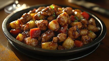 Savory, flavorful, cooked meat and potatoes