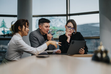 A group of business professionals engaged in a collaborative meeting using a laptop. They are discussing strategies and ideas in a modern office environment, emphasizing teamwork and communication.