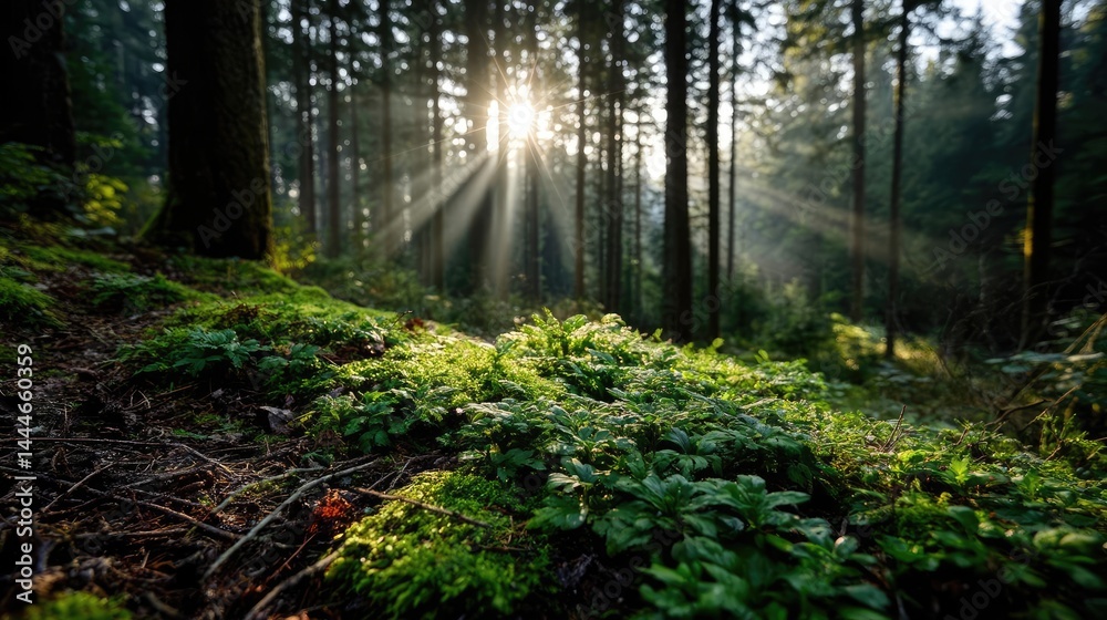 Poster green moss under forest light with peaceful mood concept. sunlight filters through trees in a serene