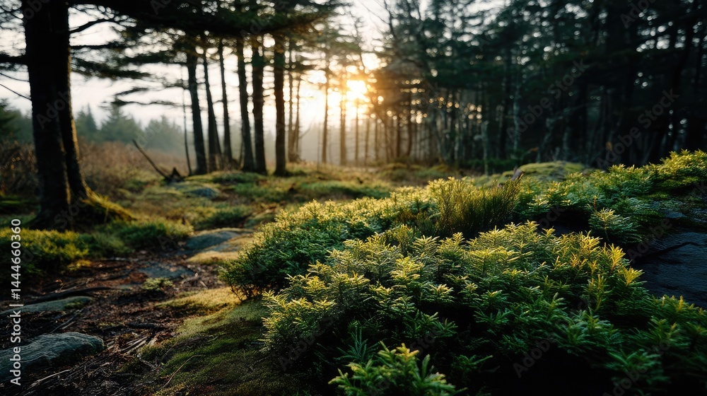Aufkleber green moss under forest light with peaceful mood concept. a serene forest landscape with sun rays fi