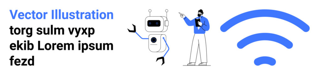 Robot gestures beside a person holding a tablet with focus on communication, AI, and connection. Ideal for technology, AI learning, innovation, automation, wireless, education simple landing page