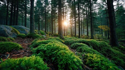 Obraz premium Green moss under forest light with peaceful mood concept. Sunlight filtering through lush green forest with mossy ground.