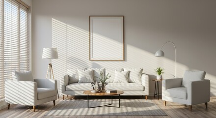 Fototapeta premium Bright living room with white sofa armchairs and sunlight through blinds with a framed picture above